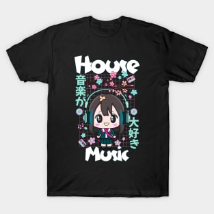 HOUSE MUSIC - Cute Kawaii Character (White/teal/pink) T-Shirt